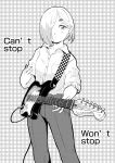  1girl breast_pocket closed_mouth collared_shirt commentary contrapposto cowboy_shot ear_piercing earrings electric_guitar english english_commentary greyscale guitar hair_over_one_eye highres holding holding_instrument ignacio_penailillo instrument jewelry looking_at_viewer monochrome one_eye_covered original pants piercing plectrum pocket shirt short_hair sleeves_rolled_up solo standing wing_collar 