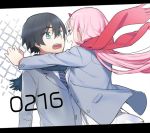 1boy 1girl black_hair couple darling_in_the_franxx face-to-face grey_scarf hiro_(darling_in_the_franxx) horns hug long_hair looking_at_another necktie pink_hair red_scarf scarf school_uniform short_hair striped_neckwear toma_(norishio) zero_two_(darling_in_the_franxx) 