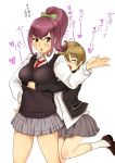  2girls blush brown_hair closed_eyes hug hug_from_behind ibuki_imina long_hair matsuno_minoru multiple_girls one_leg_raised purple_hair school_girl_strikers short_hair smile wakatsuki_chika yellow_eyes 