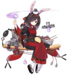  1girl animal_ears arm_up artist_request azur_lane black_hair expressionless eyes_visible_through_hair fake_animal_ears full_body gun headband hitodama japanese_clothes kimono looking_at_viewer machine_gun object_on_head official_art red_eyes remodel_(azur_lane) shiranui_(azur_lane) sitting sitting_on_object transparent_background weapon 