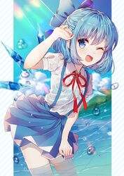  1girl bangs bare_arms blue_bow blue_eyes blue_hair blue_skirt bow cirno clouds collared_shirt commentary_request day dutch_angle eyebrows_visible_through_hair hair_bow hand_up highres ice ice_wings kawachi_rin leaning_forward looking_at_viewer miniskirt mountain neck_ribbon one_eye_closed open_mouth outdoors pocket red_ribbon ribbon see-through shirt short_sleeves skirt smile solo summer sunlight suspender_skirt suspenders touhou wading water water_drop wet wet_clothes white_shirt wing_collar wings 