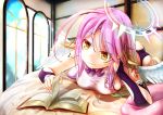  1girl angel_wings arm_support artist_request ass bed book breasts cross feathered_wings gloves gradient_hair halo jibril_(no_game_no_life) large_breasts long_hair low_wings lying magic_circle multicolored_hair no_game_no_life on_bed on_stomach pillow pink_hair reading sideboob smile solo symbol-shaped_pupils tattoo very_long_hair white_wings wing_ears wings yellow_eyes 