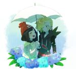  1boy 1girl beanie black_hair blonde_hair closed_eyes flower gladio_(pokemon) green_eyes hair_over_one_eye hat holding holding_umbrella hood hood_down long_sleeves miu_(miuuu_721) mizuki_(pokemon) open_mouth pokemon pokemon_(game) pokemon_sm rain red_hat short_hair short_sleeves signature torn_clothes twitter_username umbrella white_umbrella 