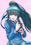  1girl :d bangs black_hair blue_eyes blue_skirt character_request copyright_request headband long_hair looking_at_viewer microphone open_mouth pink_background school_uniform serafuku sidelocks skirt smile solo 