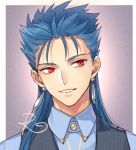  1boy blue_hair blue_shirt collared_shirt earrings fate/stay_night fate_(series) head_tilt jewelry kangetsu_(fhalei) lancer long_hair parted_lips purple_background red_eyes shirt signature smile solo vest wing_collar 