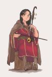  1girl absurdres boots brown_eyes brown_hair closed_mouth grey_background highres holding holding_instrument ignacio_penailillo instrument instrument_request looking_at_viewer music original playing_instrument pointy_boots robe sash simple_background sitting smile solo 