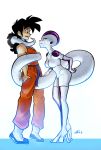 1boy 1girl absurdres alien ankle_boots bald black_hair boots bound breasts commentary crop_top dated dougi dragon_ball dragonball_z elbow_gloves english_commentary frieza from_side genderswap genderswap_(mtf) gloves highres ian_samson long_hair long_tail looking_at_another medium_breasts prehensile_tail purple_skin red_eyes skin_tight smile tail tail_wrap thigh-highs tiptoes two-tone_skin white_skin yamcha you_gonna_get_raped