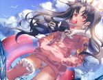  1girl bird black_hair blue_sky bubble_blowing chromatic_aberration clouds crown day dutch_angle earrings fate/grand_order fate_(series) floating_hair fur_collar hair_ribbon hands_in_pockets highres hoop_earrings innertube ishtar_(fate/grand_order) ishtar_(swimsuit_rider)_(fate) jacket jewelry kinty leg_garter long_hair long_sleeves looking_at_viewer outdoors pink_jacket pink_legwear red_eyes ribbon seagull single_thighhigh sky solo swimsuit swimsuit_under_clothes thigh-highs twintails unzipped wading water wavy_hair white_swimsuit 