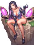  1girl :d bad_leg black_hair blue_eyes breasts cleavage cliff facial_mark gauntlets highres kai&#039;sa league_of_legends long_hair mechanical_arms mechanical_feets medium_breasts multicolored_hair open_mouth purple_hair sitting smile solo tattoo turna98 two-tone_hair 