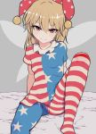  1girl american_flag_dress american_flag_legwear bangs blonde_hair breasts closed_mouth clownpiece fairy_wings grey_background hat jester_cap knee_up long_hair looking_at_viewer marsen neck_ruff pantyhose polka_dot red_eyes red_hat shiny shiny_hair short_sleeves simple_background sitting small_breasts solo star star_print striped touhou wings 