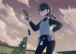  1girl belt black_hair bulletproof_vest cigarette commentary earpiece erica_(naze1940) glock gun handgun holster necktie original outdoors ponytail shooting_glasses sky solo trigger_discipline weapon 