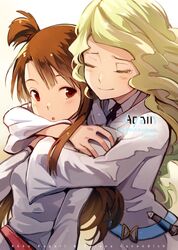  2girls :o bangs belt blonde_hair blush brown_hair character_name closed_eyes closed_mouth diana_cavendish dress green_hair grey_dress hug hug_from_behind kagari_atsuko kuma_(bloodycolor) little_witch_academia long_hair long_sleeves looking_at_viewer multicolored_hair multiple_girls open_mouth red_eyes single_sidelock tareme tears topknot two-tone_hair upper_body very_long_hair wavy_hair yuri 