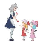  3girls agsagreen apron arm_at_side ascot bangs black_footwear blonde_hair blue_dress blue_hair blue_shirt blush_stickers bow braid child_drawing chocolate closed_eyes dress error flandre_scarlet frilled_dress frilled_skirt frills from_side grey_hair hair_bow hand_up happy hat hat_ribbon height_difference izayoi_sakuya maid maid_apron maid_headdress mob_cap multiple_girls open_mouth pantyhose pink_shirt pink_skirt profile red_footwear red_shirt red_skirt remilia_scarlet ribbon shirt short_dress short_hair short_sleeves siblings side_ponytail sisters skirt smile solid_oval_eyes standing touhou twin_braids valentine white_legwear white_shirt wings wrist_cuffs 