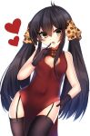  1girl :o animal_print bangs black_gloves black_hair black_legwear blush breasts brown_eyes china_dress chinese_clothes covered_navel dress eyebrows_visible_through_hair finger_to_mouth garter_straps gloves hair_between_eyes hair_ribbon head_tilt heart highres idolmaster idolmaster_cinderella_girls leopard_print long_hair matoba_risa open_mouth pelvic_curtain print_ribbon red_dress ribbon ricroot simple_background sleeveless sleeveless_dress small_breasts solo thigh-highs twintails very_long_hair white_background 