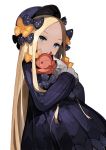  1girl abigail_williams_(fate/grand_order) andrian_gilang bangs black_dress blonde_hair blue_eyes bow dress fate/grand_order fate_(series) highres holding holding_stuffed_animal key orange_bow parted_bangs polka_dot polka_dot_bow simple_background sleeves_past_wrists solo stuffed_animal stuffed_toy teddy_bear white_background 