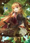  1girl :d absurdres animal arisa_(shadowverse) arrow bangs bird black_shirt blonde_hair blush boots breasts brown_footwear brown_gloves brown_legwear bug butterfly commentary_request day dress eighth_note elbow_gloves eyebrows_visible_through_hair forest gloves green_eyes hair_between_eyes hair_ribbon highres holmemee insect large_breasts long_hair musical_note nature open_mouth outdoors red_ribbon ribbon shadowverse shirt sleeveless sleeveless_shirt smile solo thigh-highs thigh_boots upper_teeth very_long_hair white_dress 