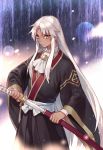  1boy amakusa_shirou_(fate) ascot bangs closed_mouth collared_shirt dark_skin dark_skinned_male fate/grand_order fate_(series) grey_hair holding holding_sword holding_weapon japanese_clothes kangetsu_(fhalei) katana lens_flare long_hair long_sleeves looking_at_viewer male_focus parted_bangs sash scabbard sheath shirt solo standing sword unsheathing very_long_hair weapon white_neckwear white_shirt wide_sleeves wing_collar yellow_eyes 