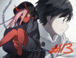  1boy 1girl black_hair blue_eyes couple crying crying_with_eyes_open darling_in_the_franxx green_eyes hiro_(darling_in_the_franxx) horns long_hair pink_hair red_skin short_hair signature tears toma_(norishio) zero_two_(darling_in_the_franxx) 
