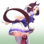  1girl animal_ears ass blush brown_hair commentary_request cuon_(kuon) from_behind gradient gradient_background horse_ears horse_tail leaning_forward leg_up looking_at_viewer looking_back miniskirt multicolored_hair open_mouth outstretched_arms pleated_skirt ribbon school_uniform shoes short_hair skirt solo special_week standing standing_on_one_leg tail thigh-highs two-tone_hair umamusume violet_eyes white_legwear zettai_ryouiki 