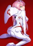  1girl bangs blush bodysuit breasts darling_in_the_franxx erect_nipples fang green_eyes kazuma_muramasa kneeling long_hair looking_at_viewer looking_back medium_breasts open_mouth pink_hair red_background sidelocks simple_background solo white_bodysuit zero_two_(darling_in_the_franxx) 