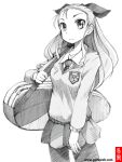 1girl assam carrying commentary_request coupy_pencil_(medium) cowboy_shot dress_shirt emblem girls_und_panzer gofu greyscale guitar_case hair_pulled_back hair_ribbon instrument_case light_frown long_hair long_sleeves looking_at_viewer miniskirt monochrome necktie pantyhose pleated_skirt ribbon school_uniform shirt sketch skirt solo spot_color st._gloriana&#039;s_(emblem) st._gloriana&#039;s_school_uniform standing sweater traditional_media v-neck watermark web_address wing_collar 