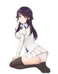  1girl animal_ears ass azur_lane bangs black_hair black_legwear blush breasts choukai_(azur_lane) dog_ears eyebrows eyebrows_visible_through_hair feet floppy_ears from_side full_body hair_ornament hand_on_own_leg highres large_breasts long_hair long_sleeves looking_at_viewer miniskirt open_mouth orange_eyes panties pleated_skirt puffy_long_sleeves puffy_sleeves qiye_luoying shirt simple_background sitting skirt solo swept_bangs thigh-highs underwear wariza white_background white_panties white_shirt white_skirt 