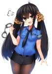  1girl :d animal_print armband bangs belt belt_buckle black_belt black_hair black_neckwear black_skirt blue_shirt blush breasts brown_eyes buckle collared_shirt commentary_request cowboy_shot cuffs eyebrows_visible_through_hair hair_ribbon handcuffs highres idolmaster idolmaster_cinderella_girls leopard_print long_hair looking_at_viewer matoba_risa miniskirt necktie open_mouth pantyhose pencil_skirt police police_uniform policewoman print_ribbon ribbon ricroot shirt short_sleeves sidelocks simple_background skirt small_breasts smile solo standing tsurime twintails uniform very_long_hair white_background 