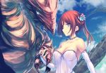  1girl blue_eyes blue_sky breasts bridal_gauntlets brown_hair choker cleavage clouds collarbone day detached_sleeves dragon eyebrows_visible_through_hair hair_ornament highres holding_paw large_breasts long_hair original outdoors ponytail sky smile solo strapless tenmaso upper_body 