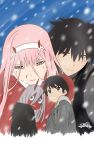  1boy 1girl black_hair blue_eyes couple darling_in_the_franxx green_eyes highres hiro_(darling_in_the_franxx) horns long_hair pilot_suit pink_hair red_skin short_hair signature snowing user_gzch8584 zero_two_(darling_in_the_franxx) 