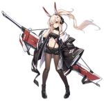  1girl alternate_costume artist_request ayanami_(azur_lane) azur_lane full_body hand_on_head headphones jacket long_hair looking_at_viewer mechanical_horns navel official_art pantyhose ponytail red_eyes short_shorts shorts solo standing transparent_background weapon weapon_on_back white_hair wire 