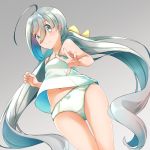  1girl ahoge bare_arms bare_shoulders blue_hair blush closed_mouth comah dutch_angle eyebrows_visible_through_hair from_below gradient gradient_background gradient_hair green_panties grey_background grey_hair greyscale hair_between_eyes kantai_collection kiyoshimo_(kantai_collection) long_hair looking_at_viewer looking_down low_twintails monochrome multicolored_hair navel panties polka_dot polka_dot_panties smile solo standing tareme thigh_gap thighs twintails underwear underwear_only very_long_hair 
