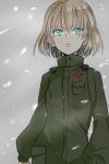  1girl blonde_hair blue_eyes eyebrows_visible_through_hair falling_snow from_below fuji_(fuji_mount3333) girls_und_panzer hair_between_eyes jacket katyusha pravda_military_uniform serious snow solo 