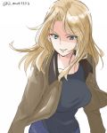  1girl blonde_hair blue_eyes bomber_jacket breasts fuji_(fuji_mount3333) girls_und_panzer hair_intakes jacket kay_(girls_und_panzer) large_breasts long_hair saunders_military_uniform shaded_face smile solo tank_top twitter_username white_background 