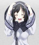  1girl :d akino_sora black_hair blush breasts closed_eyes copyright_request eyebrows_visible_through_hair facing_viewer grey_background hands_up highres hood hood_up long_sleeves medium_breasts open_mouth round_teeth simple_background smile solo teeth upper_body 