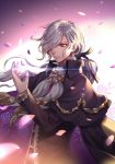  1boy capelet character_request closed_mouth coat fate/grand_order fate_(series) frown glint grey_hair grey_scarf hair_over_one_eye hand_up kangetsu_(fhalei) long_hair long_sleeves looking_down male_focus one_eye_covered petals purple_background red_eyes solo upper_body 