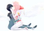  1boy 1girl black_hair closed_eyes couple crying darling_in_the_franxx face-to-face gloves hand_on_another&#039;s_face hiro_(darling_in_the_franxx) horns kiss long_hair nakodayo09 pilot_suit pink_hair short_hair wings zero_two_(darling_in_the_franxx) 