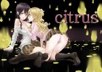  2girls absurdres aihara_mei aihara_yuzu all_fours arm_support between_legs black_legwear blonde_hair blush breast_grab breasts brown_eyes brown_hair brown_skirt citrus_(saburouta) collarbone copyright_name eye_contact fujisaki_ribbon full_body grabbing hand_between_legs highres incest kneehighs long_hair looking_at_another medium_breasts miniskirt multiple_girls open_clothes open_mouth open_shirt panties pink_panties pink_shirt pleated_skirt school_uniform shirt shirt_pull sitting skirt underwear uniform yuri 