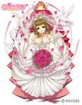  1girl bare_shoulders bell bird bouquet bow breasts bridal_gauntlets cleavage copyright_name dove dress earrings flower forced_perspective full_body gloves jewelry large_breasts looking_at_viewer medium_hair necklace official_art open_door pearl_necklace petals pink_ribbon ribbon stairs standing tatsuki_maki toritsu_mizushou! veil watermark wedding_dress white_bow white_dress white_gloves 