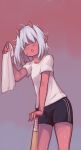  1girl :o bat blush boyshorts commentary covered_eyes cowboy_shot english_commentary facing_viewer grey_hair hair_over_one_eye hand_on_hilt hand_up highres holding holding_towel ignacio_penailillo leaning_forward momo_(ignacio_penailillo) oni original pointy_ears red_background shirt short_hair solo standing sweat towel white_shirt 