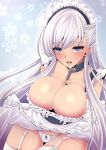  1girl absurdres apron azur_lane bangs belfast_(azur_lane) blue_eyes blush braid breasts chains cleavage collar collarbone dress dress_lift eyebrows_visible_through_hair eyes_visible_through_hair french_braid frills garter_straps gloves highres kira_kazuki large_breasts long_hair looking_at_viewer maid maid_headdress open_mouth panties silver_hair smile solo thigh-highs underwear white_gloves white_legwear 