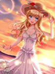  1girl :d arm_up armpits backlighting bare_arms bare_shoulders blonde_hair blush breasts brown_hat cleavage clouds dress evening feet_out_of_frame flower frilled_dress frills hand_on_headwear hat hat_flower idolmaster idolmaster_cinderella_girls lens_flare long_hair looking_at_viewer medium_breasts mountainous_horizon ootsuki_yui open_mouth orange_sky round_teeth shiny shiny_hair sky sleeveless sleeveless_dress smile solo standing sun_hat sunlight sunset teeth water wavy_hair white_dress wristband yukiya_(shiya) 