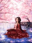  1girl absurdres black_hair brown_eyes cherry_blossoms collarbone day dress higandgk highres long_hair original outdoors red_dress sitting smile solo tree very_long_hair water 