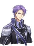  1boy black_jacket black_neckwear closed_mouth collared_shirt epaulettes fate/grand_order fate_(series) high_collar jacket kangetsu_(fhalei) lancelot_(fate/grand_order) looking_at_viewer necktie purple_hair purple_shirt shirt short_hair simple_background smile solo spiky_hair upper_body violet_eyes white_background wing_collar 