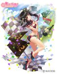  1girl ahoge alcohol ass black_hair breasts brown_eyes champagne_bottle checkered checkered_flag cleavage confetti copyright_name flag full_body high_heels looking_at_viewer medium_breasts medium_hair midriff official_art panties road solo striped striped_panties tatsuki_maki timer toritsu_mizushou! twintails twisted_torso underwear watermark 