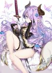 between_breasts breasts draph elbow_gloves gloves granblue_fantasy hair_over_one_eye hong_(white_spider) horns katana large_breasts lavender_hair long_hair narmaya_(granblue_fantasy) pointy_ears sword weapon 