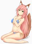  1girl absurdres animal_ears bikini blue_bikini blush breasts cleavage closed_mouth collarbone fate/grand_order fate_(series) finger_to_mouth fox_ears fox_tail groin highres large_breasts long_hair looking_at_viewer navel pink_hair side-tie_bikini simple_background sitting solo swimsuit tail tamamo_(fate)_(all) tamamo_no_mae_(swimsuit_lancer)_(fate) very_long_hair white_background yellow_eyes yuyusuika 