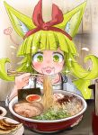  1girl :d alternate_hair_ornament animal_ears bangs blonde_hair blunt_bangs blush bow bowl chives chopsticks commentary_request desk doitsuken dress dumpling egg eyebrows_visible_through_hair fangs flying_sweatdrops food food_request fox_child_(doitsuken) fox_ears hair_bow hairband heart heart_in_mouth highres holding holding_chopsticks jiaozi long_sleeves looking_down meat noodles open_mouth original plate ramen seaweed short_eyebrows short_hair sitting smile solo thick_eyebrows white_dress yellow_eyes 