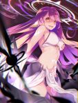  1girl angel_wings blush breasts bridal_gauntlets crop_top cross drooling feathered_wings fuchima gloves halo jibril_(no_game_no_life) long_hair low_wings magic_circle medium_breasts midriff mismatched_legwear navel no_game_no_life pink_hair saliva sideboob solo symbol-shaped_pupils tattoo thigh-highs very_long_hair white_wings wing_ears wings yellow_eyes 