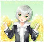  1girl blush bread eyebrows_visible_through_hair food game_club_project green_eyes grey_hair hair_ornament hairclip highres holding holding_food kazami_ryou looking_at_viewer melon_bread open_mouth rori_(tukiguri) short_hair smile solo twitter_username upper_body virtual_youtuber 