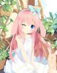  1girl ;&lt; animal animal_ears bare_arms bare_shoulders blue_bow blue_eyes blush bow closed_mouth commentary_request day dress ears_down floppy_ears flower frilled_dress frills hair_bow head_tilt highres kushida_you leaf looking_at_viewer one_eye_closed original outdoors pink_hair plant potted_plant rabbit rabbit_ears sitting sleeveless sleeveless_dress solo v_arms white_dress white_flower 